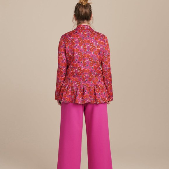$2190 Lela Rose Wave Flounce Peplum Floral Pink Blazer Button Jacket Light Coat - Picture 3 of 12